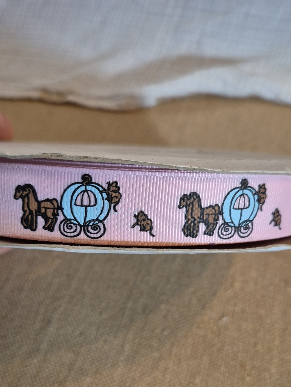 7/8"w•Pearl Pink grosgrain ribbon with Cinderella Carriage• 100yards
